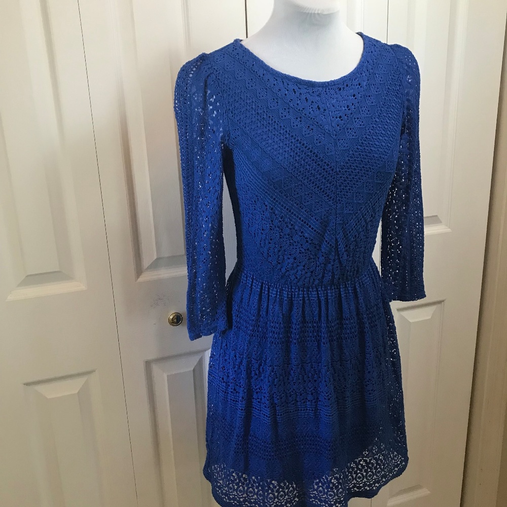 Ruby Rox Blue Eyelet Skater Dress Puff Sleeve sz M - Picture 3 of 8